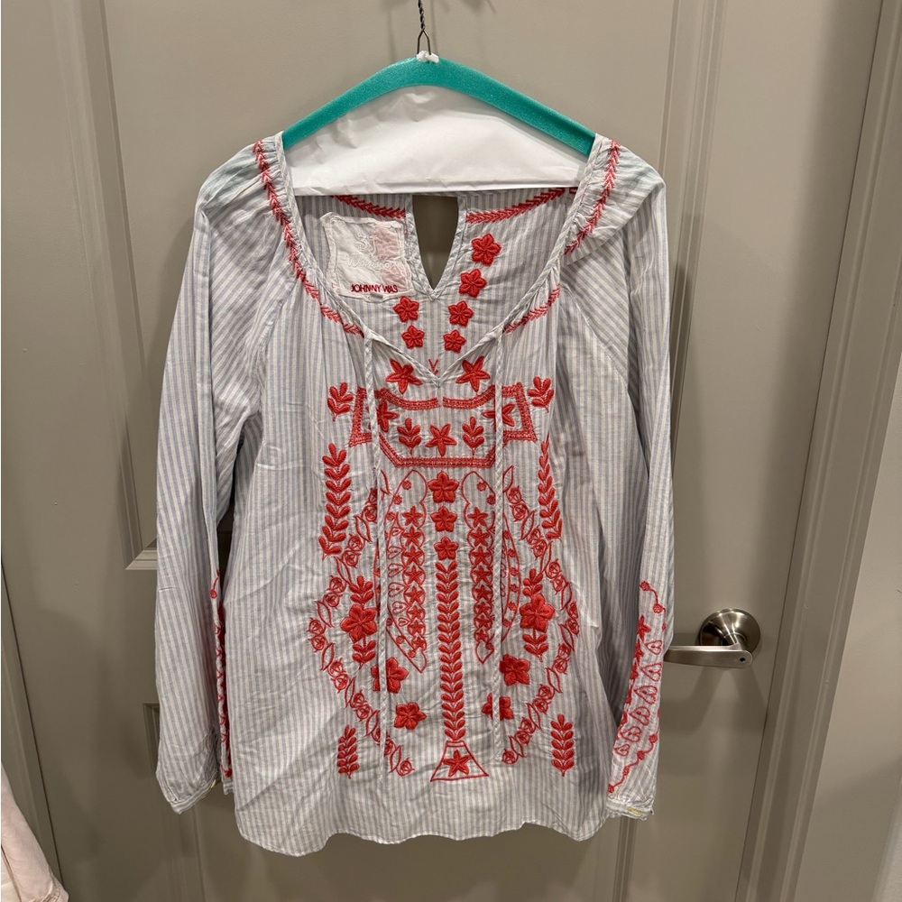 Johnny Was Red Embroidered Blouse - White Stripes